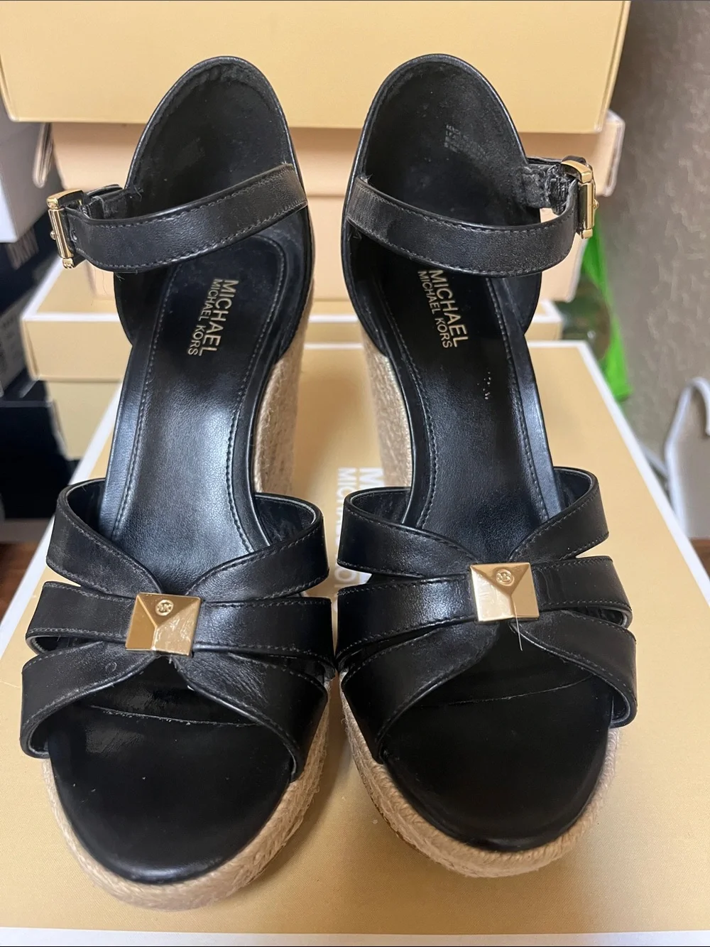 Michael Kors Black Leather Espadrille Wedge Sandals with Gold Accents